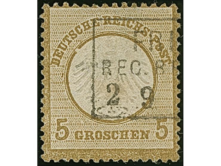 5 Gr. ockerbraun mit Plattenfehler “Kreisbruch unter T in DEUTSCHE” (Feld 90), klar mit Rahmenstempel “FRI(EDLAND) REG.BE(Z.B