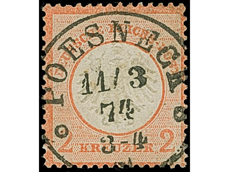 2 Kr. ziegelrot mit Plattenfehler “Kerbe im Innenkreis unter P in Post” (Feld 114), mit klarem und zentrischen EKr. “POESNECK