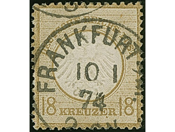 18 Kr. ockerbraun mit Plattenfehler “Punkt rechts unter zweitem E in KREUZER” (Feld 14,74-77), mit klarem EKr. “FRANKFURT 10.