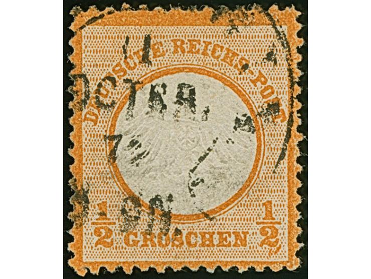 ½ Gr. orange mit Plattenfehler “Farbstrich an der rechten Wertziffer 2” (Feld 69), gestempelt, die farbfrische Marke ist deut