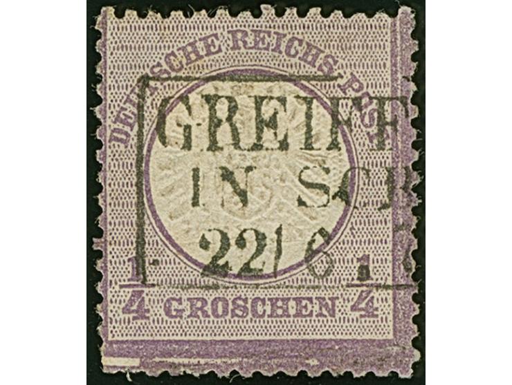 ¼ Gr. grauviolett mit Plattenfehler “helle Striche im Rahmen unten links” (Feld 141), mit klarem Rahmenstempel “GREIFF(ENBERG