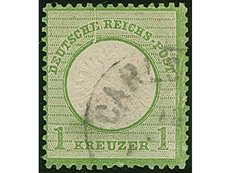 1 Kr. gelblichgrün mit Plattenfehler “Plattenbruch vom Innenkreis durch zweites E von DEUTSCHE zum Rahmen verlaufend” (Feld 1