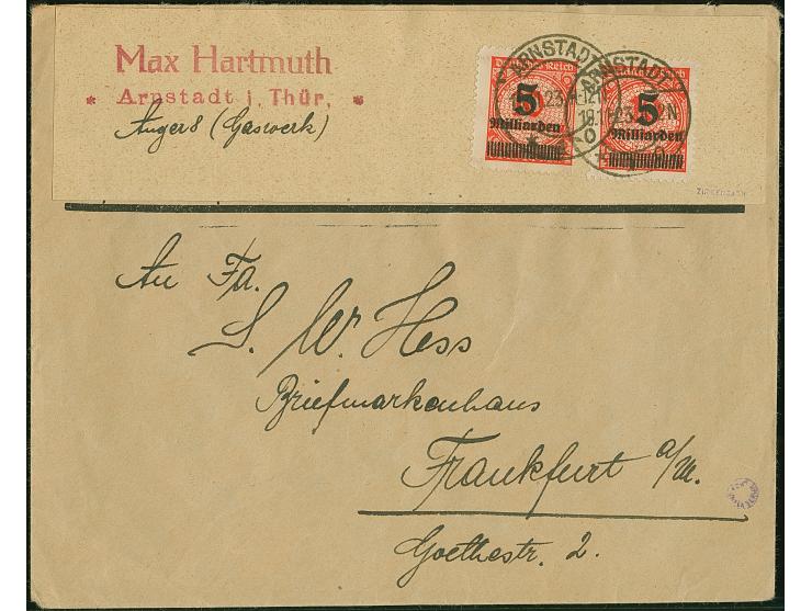 5 Mrd. auf 10 Mio. durchstochen, 2 Einzelwerte, beide tadellos, mit klar aufgesetztem Stempel "ARNSTADT 19.11.23" als portoge