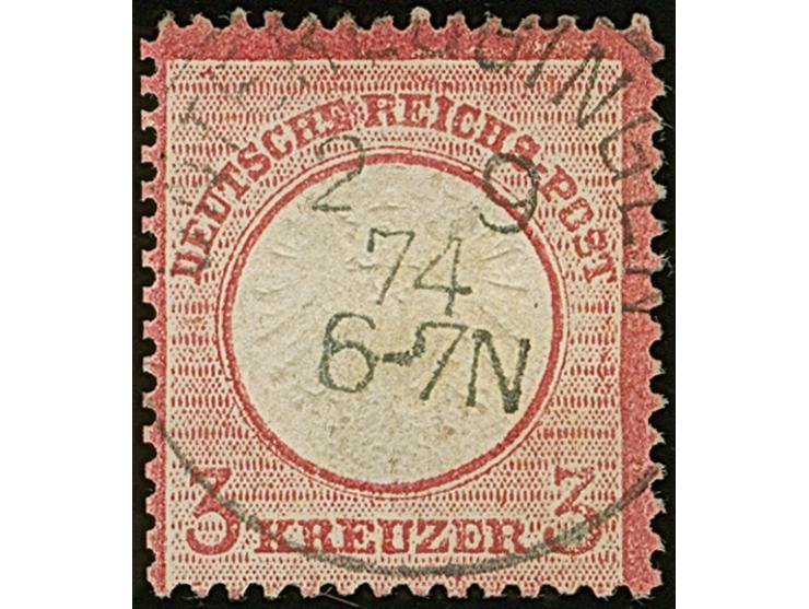 3 Kr. karmin mit Plattenfehler “zweites E in DEUTSCHE gebrochen” (Feld 4), mit badischen Agentur EKr. “UNTEREGGINGEN 2.9.74” 