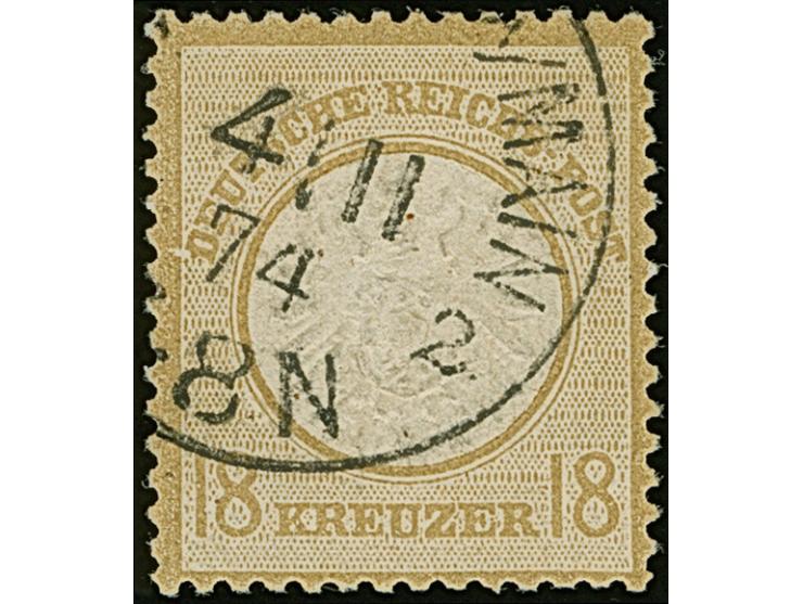 18 Kr. ockerbraun mit Plattenfehler “heller Fleck im Rahmen links vom D in DEUTSCHE” (Feld 112), mit klarem EKr. "(FRANKFURT)