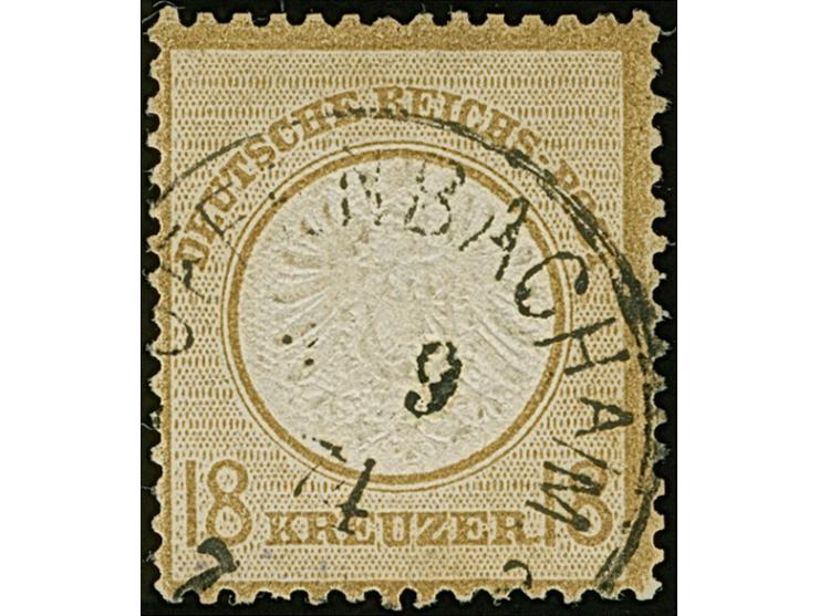 18 Kr. ockerbraun mit Plattenfehler “rechter Fuß vom zweiten R in KREUZER nach rechts verlängert” (Feld 19,21), mit Ekr. “OFF