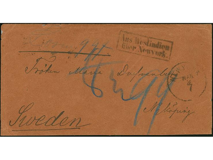 “Aus Westindien über New York” Rahmenstempel vom Stadtpostamt klar auf Brief mit rückseitigem Absenderstempel “Widow of A. Ca