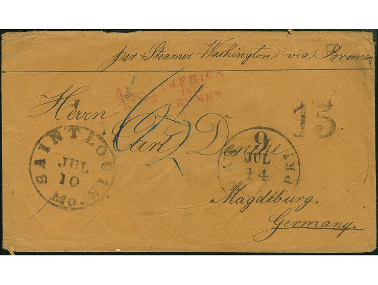 “4½/2 Sgr. AMERIKA ÜBER BREMEN”, roter L3 recht klar auf Briefkuvert mit Leitvermerk “per Steamer Washington via Bremen” von 
