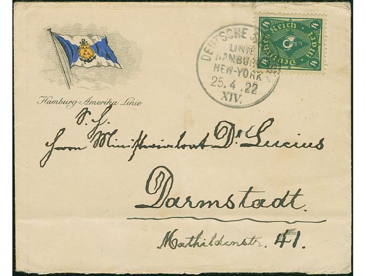 “DSP LINIE HAMBURG-NEW YORK XIV. 25.4.22” klar auf Posthorn 4 M. mit Wasserzeichen 1 auf Vordruckbrief der “Hamburg-Amerika-L