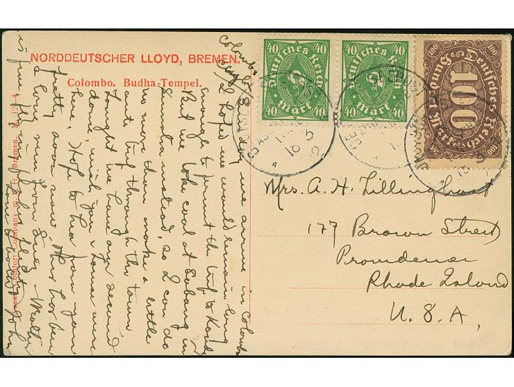 “DSP OST-ASIATISCHE LINIE*a 18.3.22” mehrfach rechts klar auf Ziffer 100 M. und waagerechtes Paar Posthorn 40 M. auf Ansichts