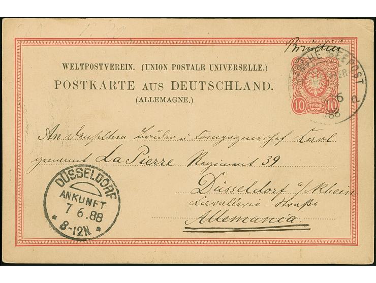 “DSP MITTELMEER-LINIE *a 3.6.88” (D. Hohenzollern) recht klar mit handschriftlichem Aufgabevermerk “Brindisi” auf Ganzsachenk