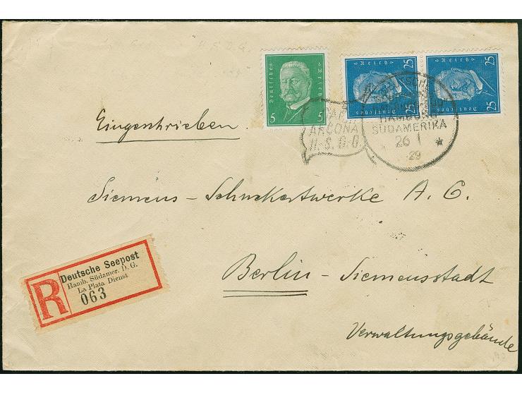 “DSP HAMBURG-SÜD/HAMBURG-SÜDAMERIKA CAP ARCONA H.S.D.G. 26.1.29” Flaggenstempel klar auf senkrechtem Paar Reichspräsidenten 2