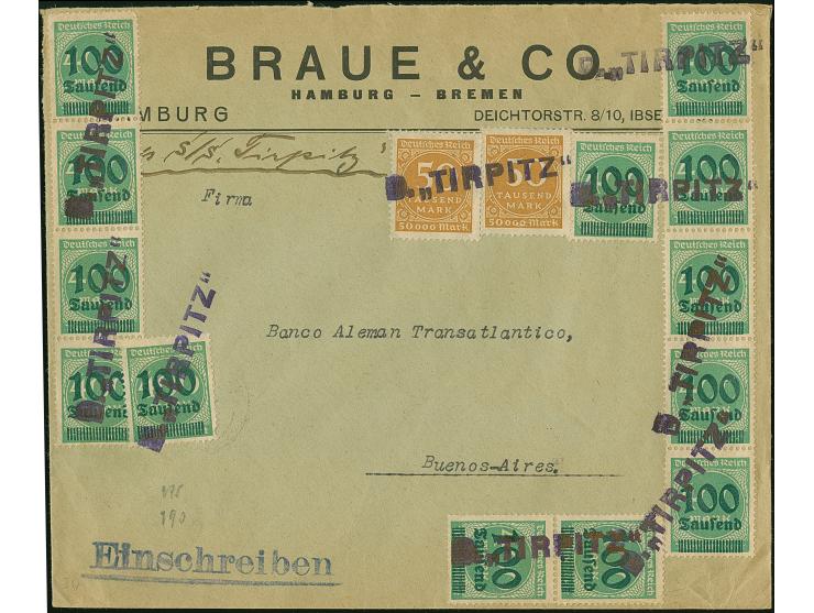 “D. TIRPITZ” violetter L1 als Entwertert, mehrfach auf Firmenvordruck-Brief “Braue &amp; Co.” auf zwei Einzelmarken Ziffer 50
