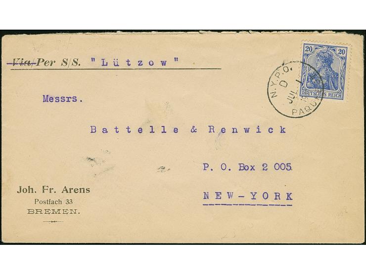 “N.Y.P.O. PAQUEBOT D JUL.I.1908” klar auf Germania 20 Pfg. auf Brief mit Leitvermerk “Per S/S Lützow” nach New York, in guter