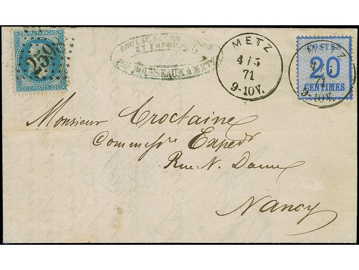 "METZ 4/5 71", sauber auf- und nebengesetzt auf Elsass-Lothringen 20 C., In Mischfrankatur mit Frankreich Napoleon laurée 20 