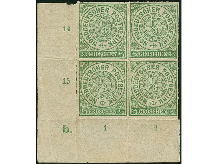 ⅓ Gr. grün, Viererblock aus der linken unteren Bogenecke mit Plattenkennzeichen "b.", Ungebraucht, waagerecht leicht vor gefa
