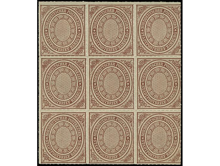 Stadtpostmarke ½ Sch. rötlichbraun im 9er-Block, farbfrisch und gut durchstochen, ungebraucht, 4 Werte postfrisch. Tadellos. 