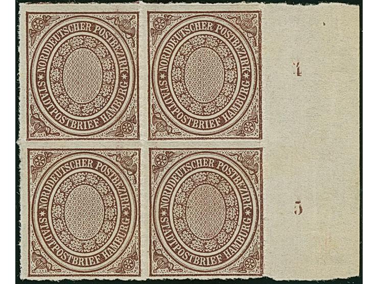 Stadtpostmarke ½ Sch. lilabraun im 4er-Block vom Rechen Bogenrand, Reihenzähler "4"-"5", farbfrisch und gut durchstochen, ung