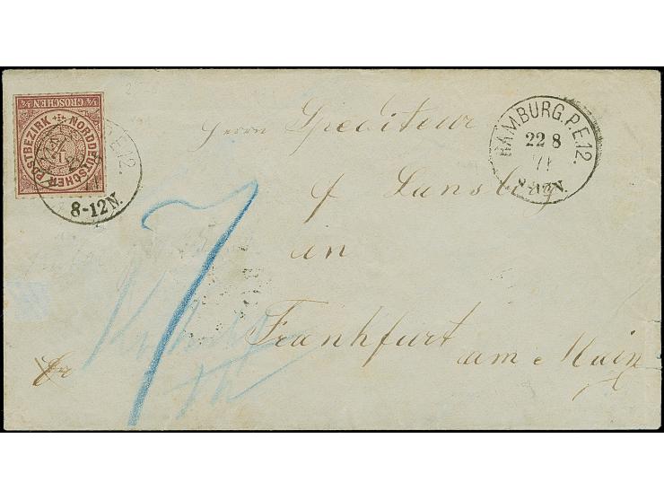 ¼ Gr. braunviolett mit EKr. "HAMBURG P.E.12. 22 8 71" auf unterfrankiertem Brief nach Frankfurt am Main, dort mit Nachporto 7