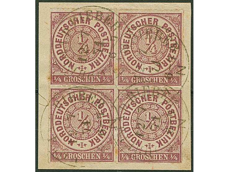 ¼ Gr. braunviolett im Viererblock, sowie 6 weitere Werte ex Mi. 5-12 mit Stempeldaten aus der Reichspostzeit. Teils kleine Mä