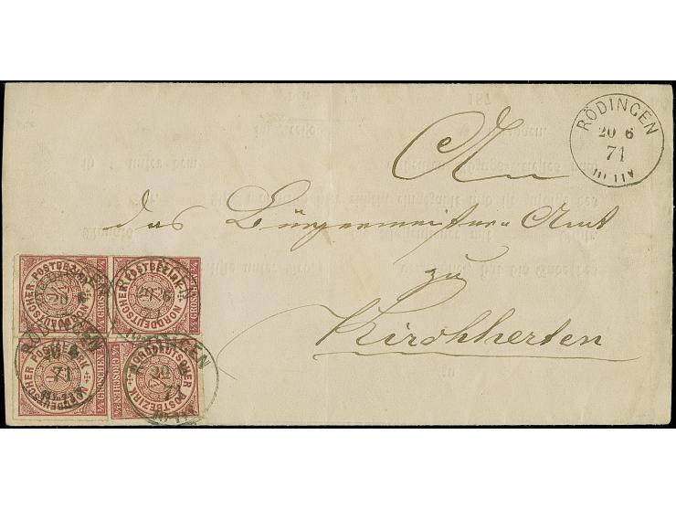 ¼ Gr. lila, senkrechtes Paar und 2 Einzelwerte mit NDP-EKr. "RÖDINGEN 20 6 71" auf komplettem Faltbrief (Belagschein) nach Ki