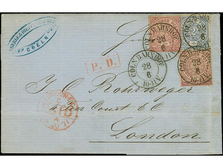 ¼ Gr. lila in wertstufengleicher Mischfrankatur mit ¼ Gr. gezähnt sowie 2 Gr. gezähnt, mit DKr. "CÖLN BAHNHOF 28 6 " (1871) a