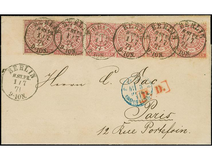 ¼ Gr. lila in wertstufengleicher Mischfrankatur mit ¼ Gr. gezähnt, zusammen mit 4 Einzelwerten 1 Gr. gezähnt, mit DKr. "BERLI