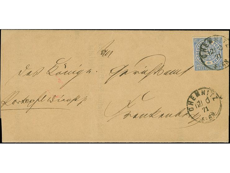 2 Gr. ultramarin, mit EKr. "CHEMNITZ &nbsp;12/10 71" &nbsp;auf Behändigungsschein nach Frankenberg. Eine sehr seltene, späte 