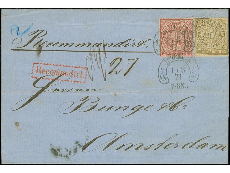 5 Gr. ocker, zusammen mit gezähnter Ausgabe 1 Gr., mit Hufeisenstempel "LÜBECK 1/8 71" auf eingeschriebener Briefhülle nach A