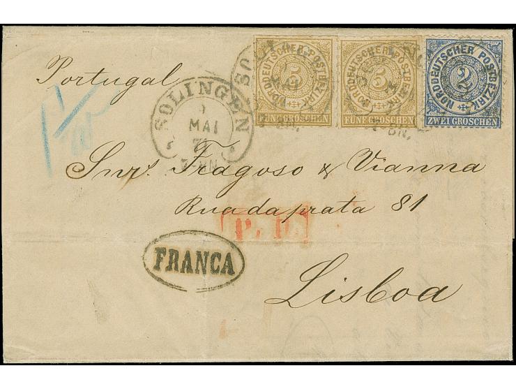 5 Gr. ocker, zwei Einzelwerte, in Mischfrankatur mit gezähnter &nbsp;2 Gr. ultramarin, mit Hufeisenstempel "SOLINGEN 9 MAI 71