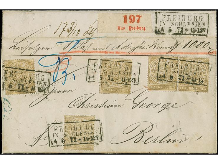 5 Gr. ocker, in wertstufengleicher Mischfrankatur mit 2 Einzelwerten und waagerechten Paar gezähnte Ausgabe 5 Gr., mit Ra3 "F