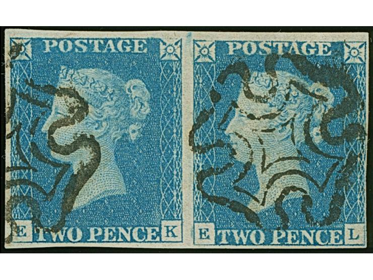 1840, QV 2d. blue, plate 2, horizontal pair, lettered EK-EL, four mostly good margins, cancelled with Maltese Cross in black,