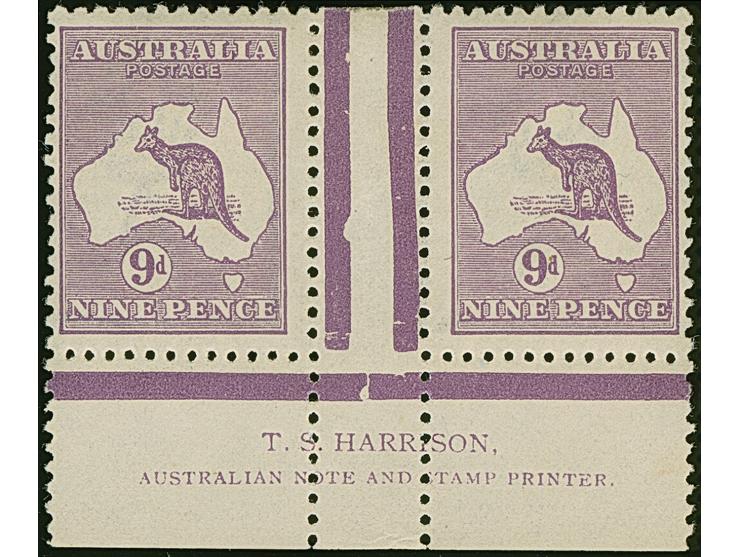 1915/27, Kangaroo 9 d. violet, die IIB, third wmk. narrow Crown over A, an unused interpanneau horizontal pair of fine colour