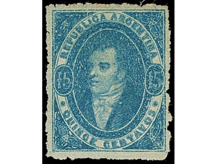 1864, Rivadavia 15c. blue on ribbed paper unused, near-perfect centering, bright color with a sharp impression, usual rough p