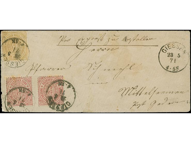 18 Kr. ocker, zwei Einzelwerte, in Mischfrankatur mit 2 Einzelwerten 3 Kr. gezähnt, mit EKr. "GIESSEN 23 5 71" auf rückseitig