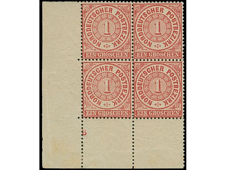 1 Gr. karmin, 2 Viererblocks aus der linken unteren Bogenecke mit Plattenzeichen "B" bzw. "E", postfrisch, einmal Falzspur nu