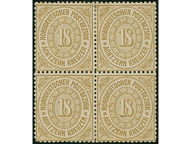 18 Kr. ocker im 4er-Block, farbfrisch und recht gut gezähnt, ungebraucht (Gummi teils gering getönt). Eine seltene Einheit. S