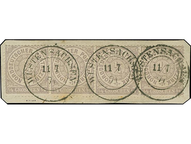 ¼ Gr. grauviolett im waagerechten 4er-Streifen, mit dreimal klar aufgesetztem Preußen-DKr. "WÜSTENSACHSEN 11 7 71" (ehemals b