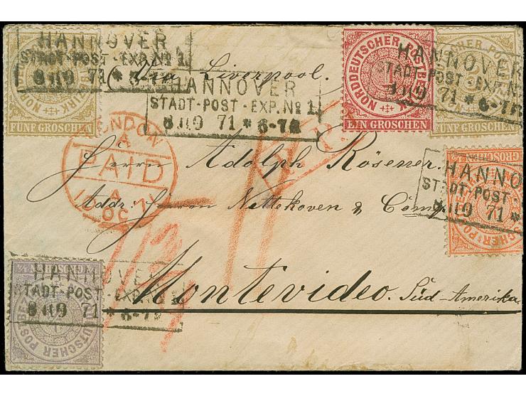 ¼ Gr. grauviolett, ½ Gr. orange, 1 Gr. karmin und zwei Einzelwerte 5 Gr. ocker, mit Ra3 "HANNOVER STADT-POST-EXP. NO. 1 8/10 