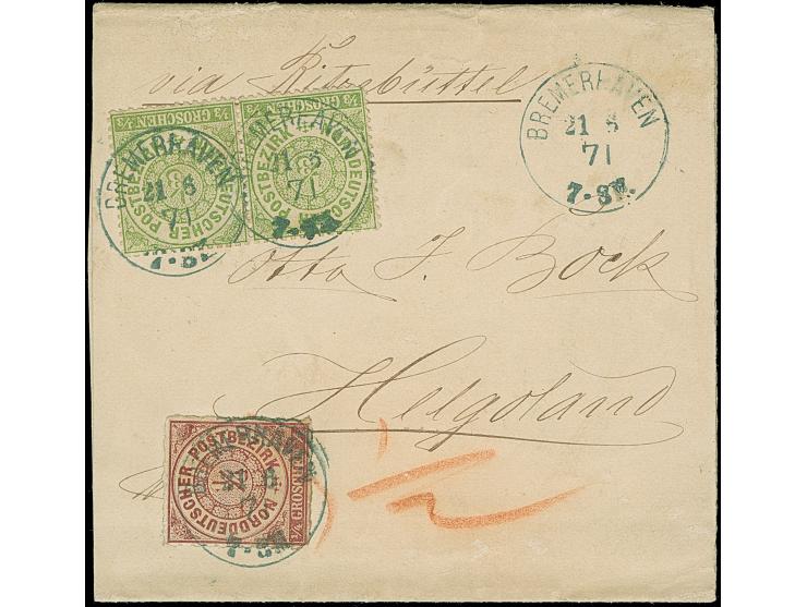 ¼ Groschen bräunlichlila in Mischfrankatur mit gezähnter Ausgabe waagrechtes Paar 1/3 Groschen grün, mit EKr. "BREMERHAVEN 21