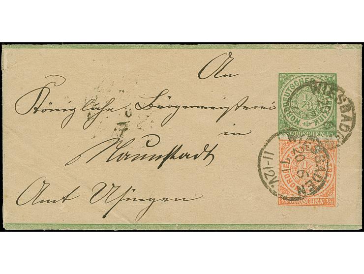 ½ Gr. orange, farbfrisch und gut gezähnt, als Zufrankatur auf Streifband ⅓ Gr. grün, mit EKr."WIESBADEN 20 6 71" nach Naunsta