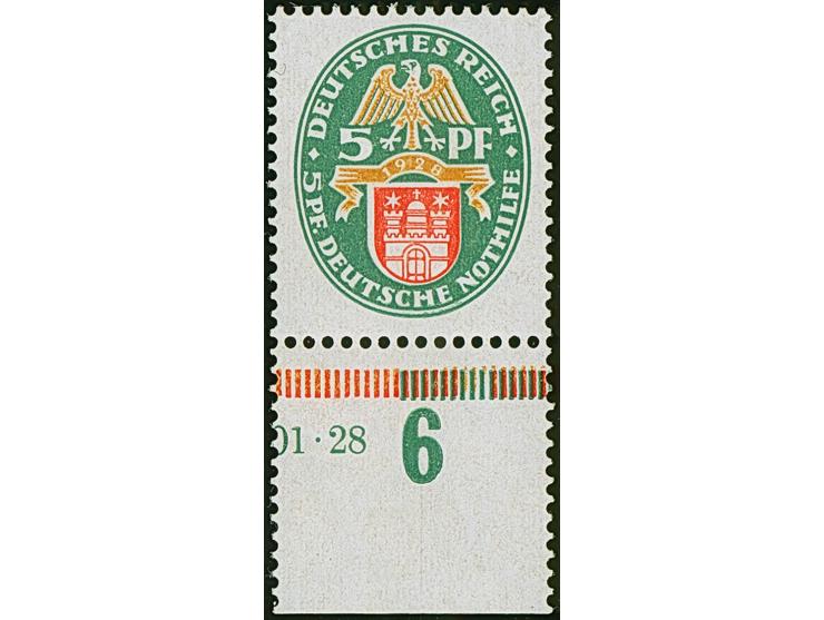 1928, Nothilfe 5 Pfg. mit stehendem Wasserzeichen (Wz. 2X), Unterrandstück mit Teil-HAN “01.28”, postfrisch, in tadelloser Er
