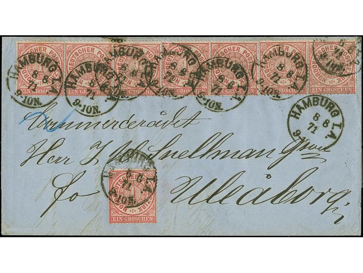 1 Gr. karmin, waagerechter 3er-Streifen, 2 Paare und Einzelmarke, mit EKr. "HAMBURG I.A. 8 8 71" auf Briefhülle der 2. Gewich