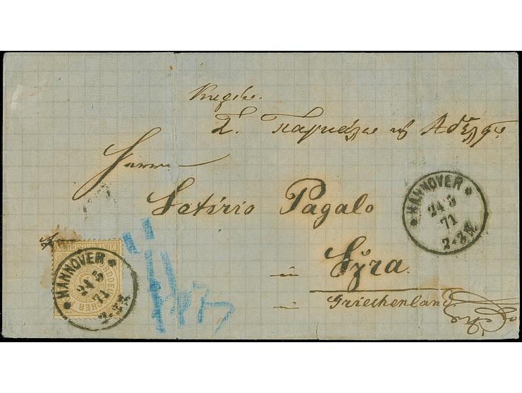 5 Gr. ocker, farbfrisch und recht gut gezähnt, mit sauber auf- und nebengesetztem EKr. "HANNOVER 24/5 71" auf Briefhülle auf 