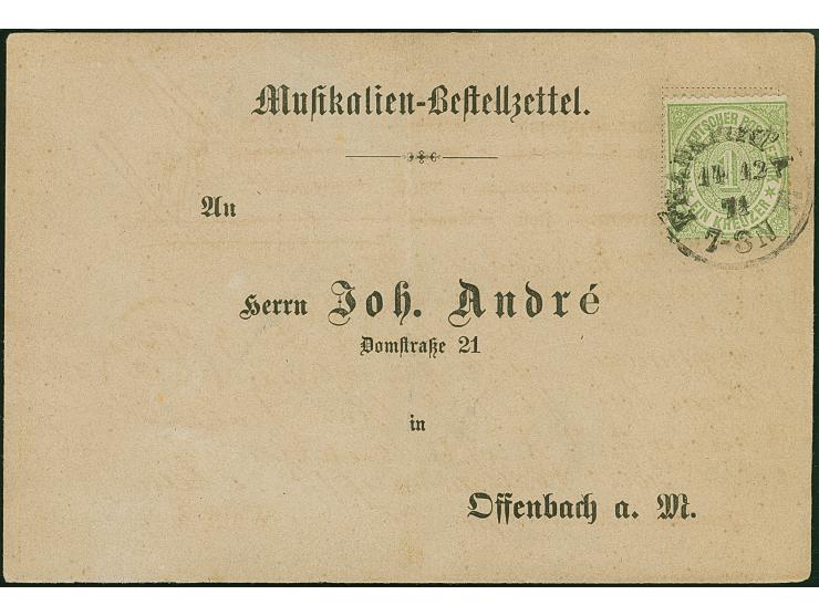 1 Kr. grün, mit EKr. "FRANKFURT A./M. 14 12 71"auf 'Musikalien-Bestellzettel' nach Offenbach. Die Karte leicht außerhalb der 