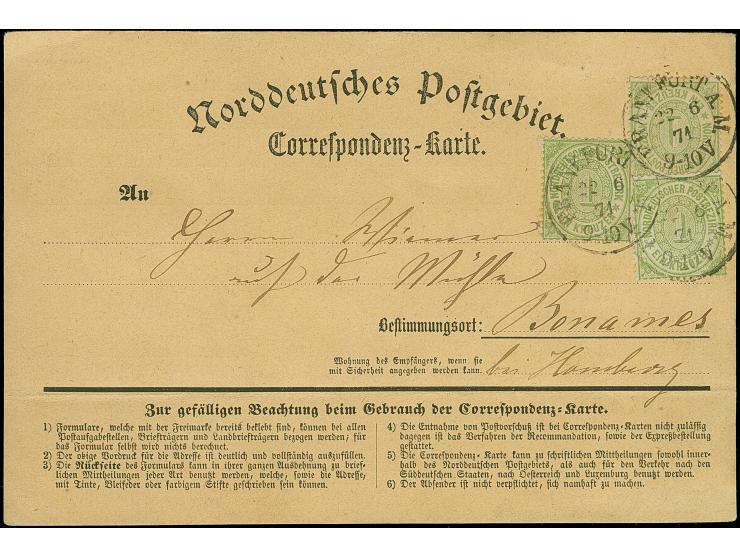 1 Kr. grün, drei Einzelwerte mit EKr. "FRANKFURT A.M. 22 6 71" auf 'Correspondenz-Karte' nach Bonames (damals noch nicht Orts