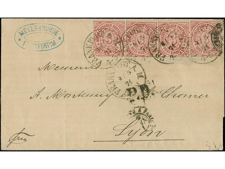 "FRANKFURT A.M. 4/5 71" auf 4 Einzelwerten 3 Kreuzer karmin, als Streifen geklebt, auf Briefhülle der 1.Gewichtsstufe nach Ly