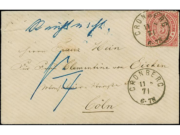 3 Kr. karmin mit klar auf- und nebengesetztem EKr. "CRONBERG 11 8 71" (Groschengebiet) auf kleinem Briefkuvert nach Köln. Die