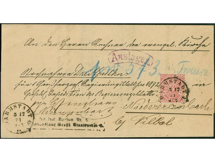 3 Kr. Karmin, farbfrisch und gut gezähnt, mit sauber auf- und nebengesetztem EKr. "DARMSTADT 5 12 71" als Prokura-Gebühr auf 