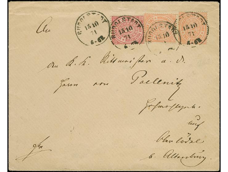 2 Kr. orange, 2 Einzelwerte, zusammen mit 3 Kreuzer karmin, mit EKr. "DARMSTADT 15 10 71" auf Briefhülle der 2. Gewichtsstufe